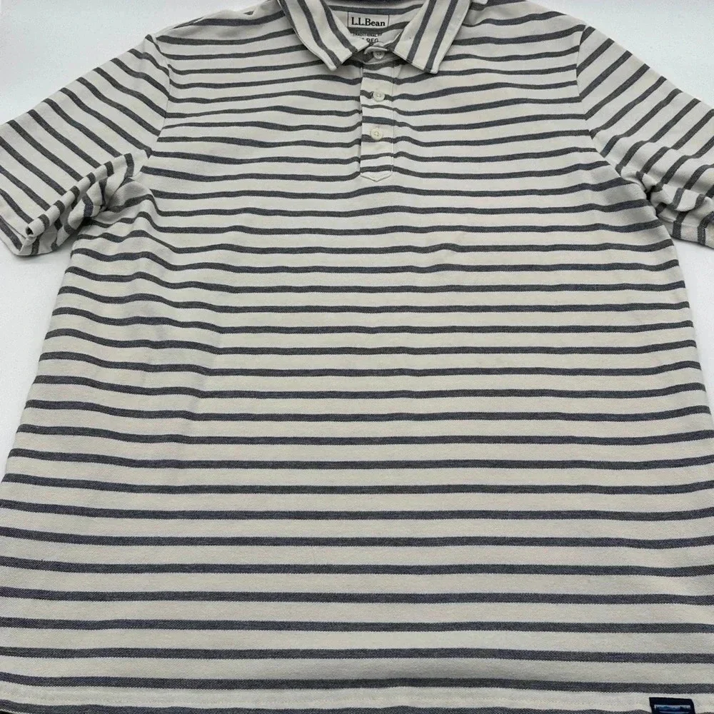 Men's LL Bean Traditional Fit white blue‎ Stripe Polo Medium
